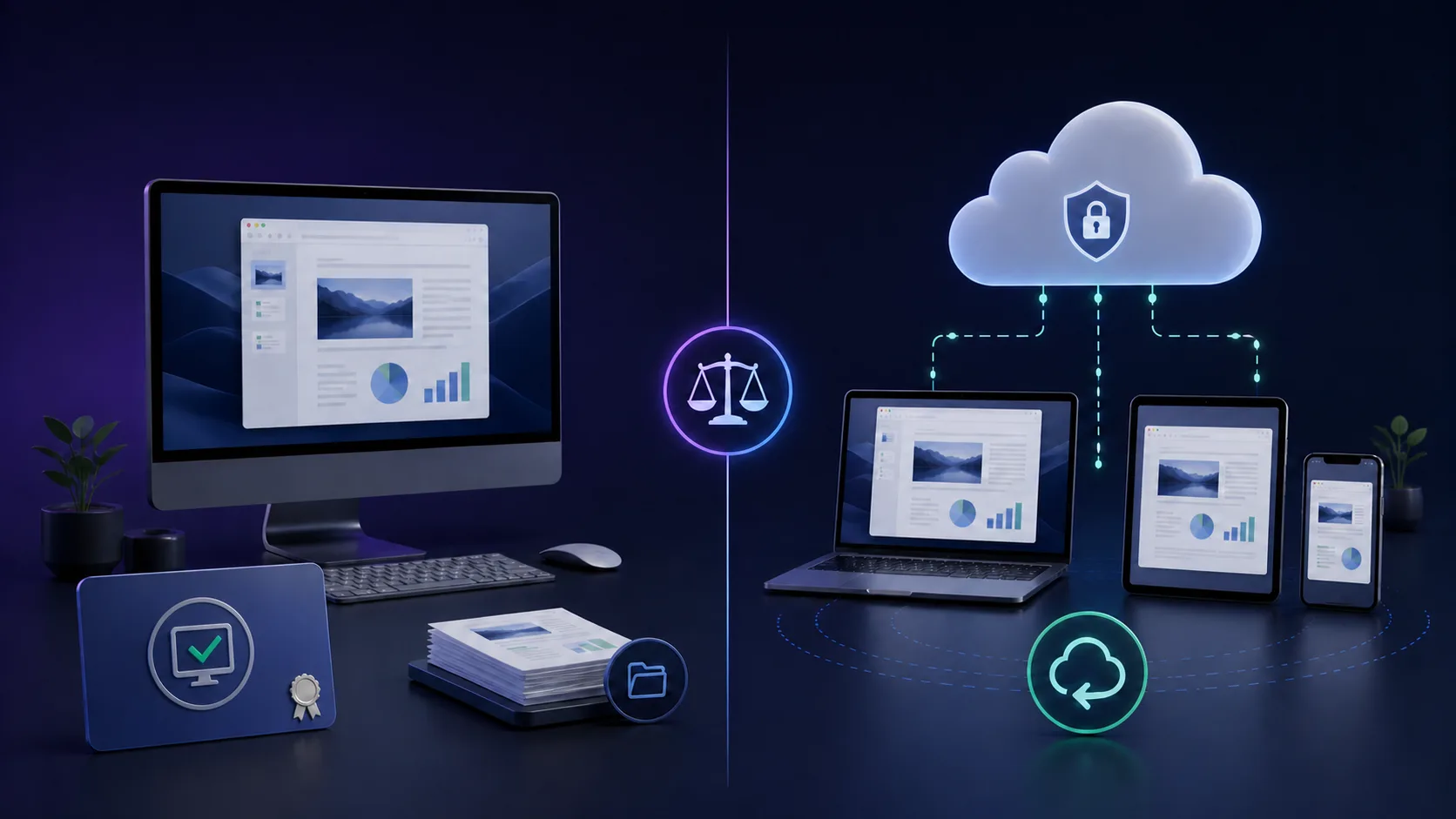 One-time desktop Office purchase compared with a Microsoft 365 multi-device cloud subscription
