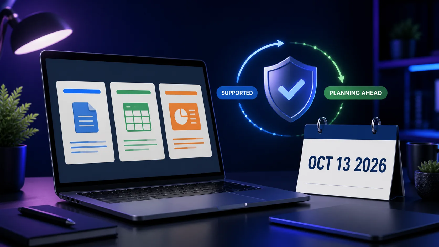 Microsoft Office 2021 end of support date October 13 2026 with a laptop and security shield