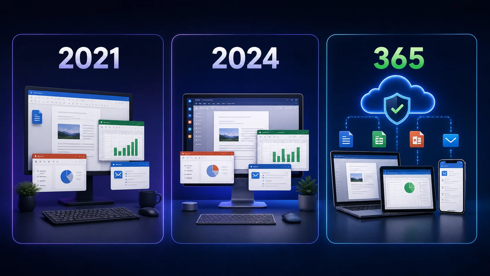 Visual comparison of Office 2021 Office 2024 and Microsoft 365