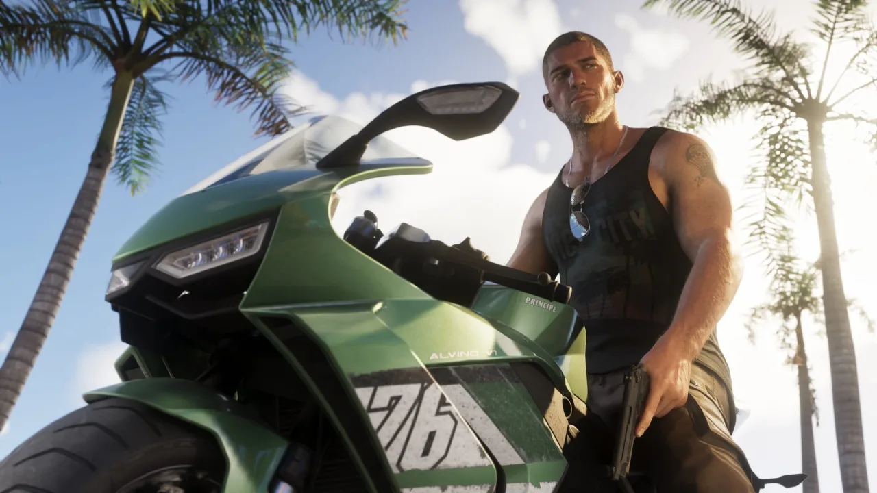 Jason Duval standing beside a green motorcycle in an official GTA VI in-game screenshot