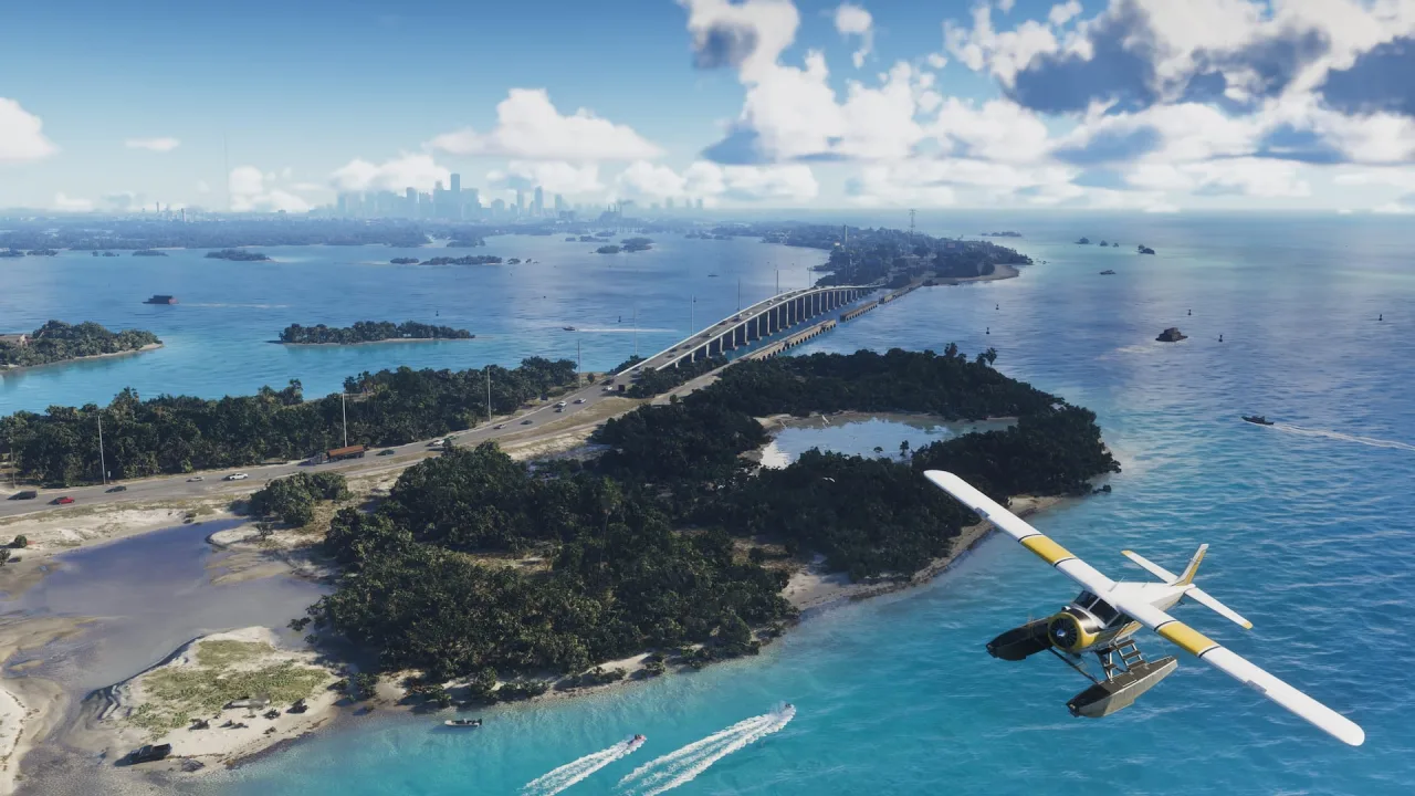 Seaplane flying above the Leonida Keys in an official GTA VI in-game screenshot